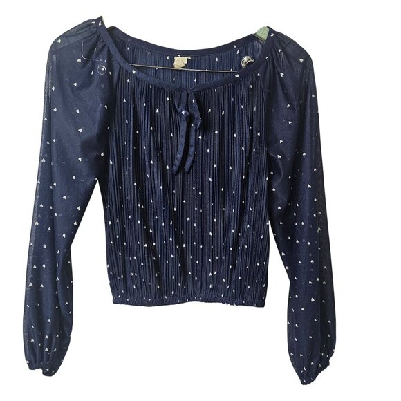 Vintage 70s Sheer Blue Heart Print Waist Cinched Accordian Pleated Crop Top, S/M - Picture 1 of 7